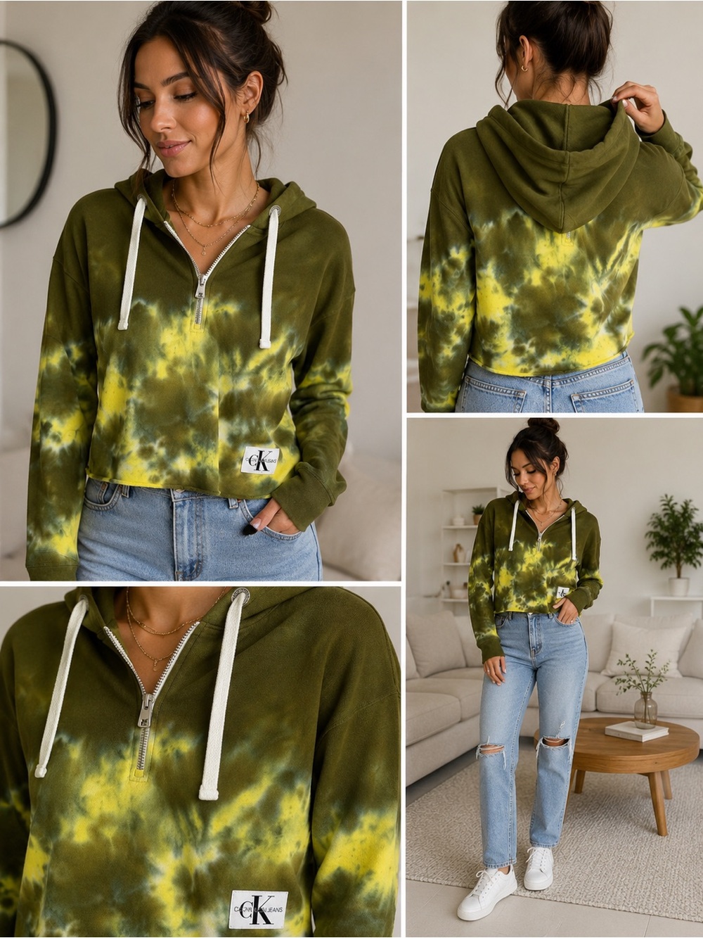 Calvin Klein Jeans Women’s Cropped Hoodie Tie Dye Half Zip NWT